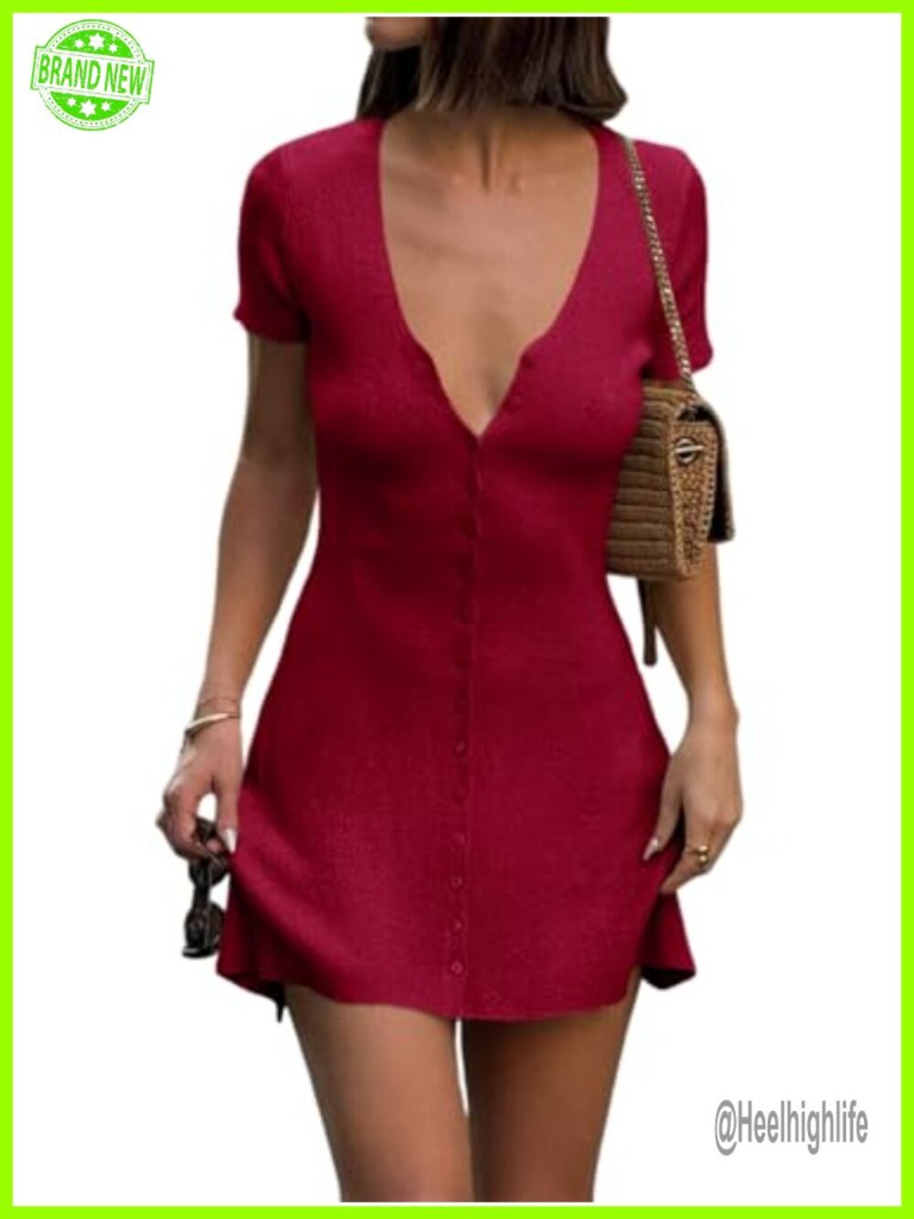 Knit Button Up Mini Sweater Dress V Neck A Line Short Sleeve